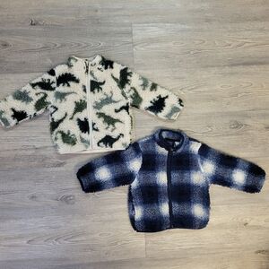 The Children's Place Plush Zip-Up Jackets - Cream/Green Dino & Navy/White Plaid